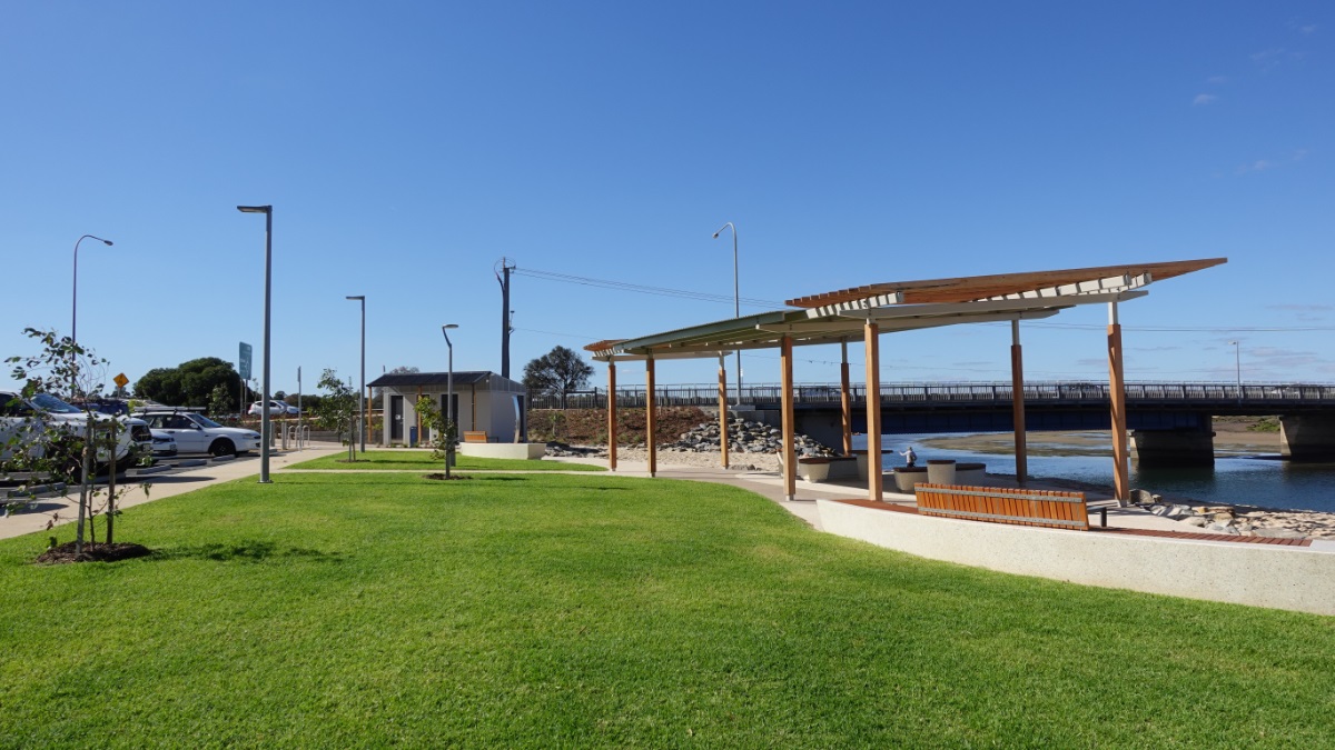 A view from the green, manicured lawns of the redeveloped Wearing Street precinct.