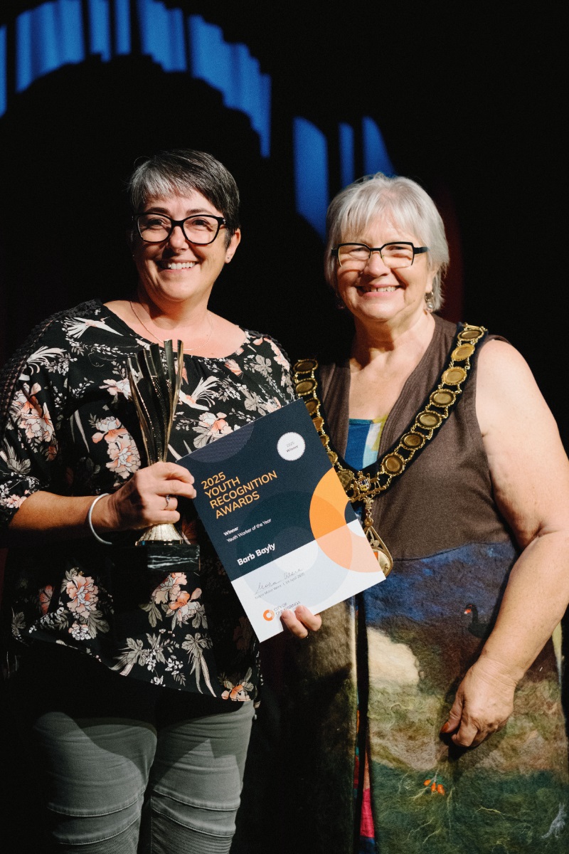 Youth Worker of the Year Barb Bayly smiles alongside Onkaparinga Mayor Moira Were.