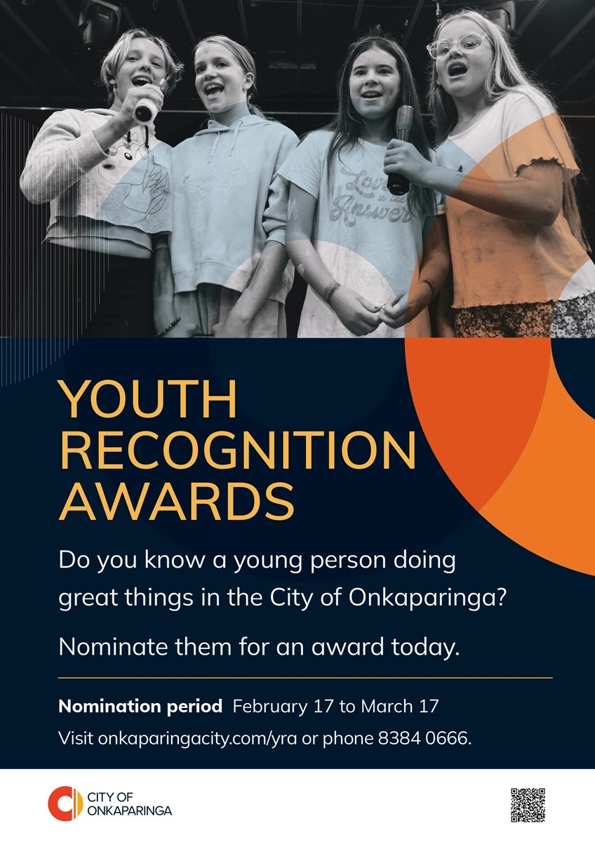 A poster encouraging nominations for the 2025 Youth Recognition Awards with an image of four young people singing into microphones on stage at the top.