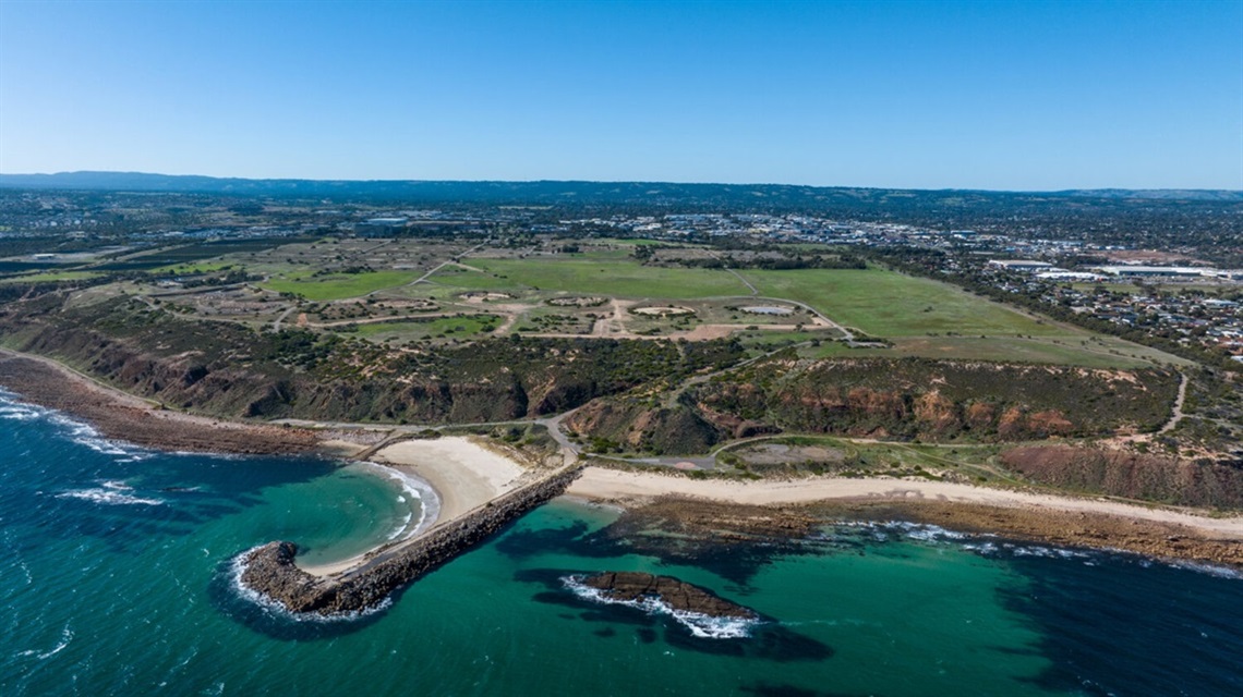 An aerial view of the Port Stanvac coastline where the new proposed South Beach suburb will be built.