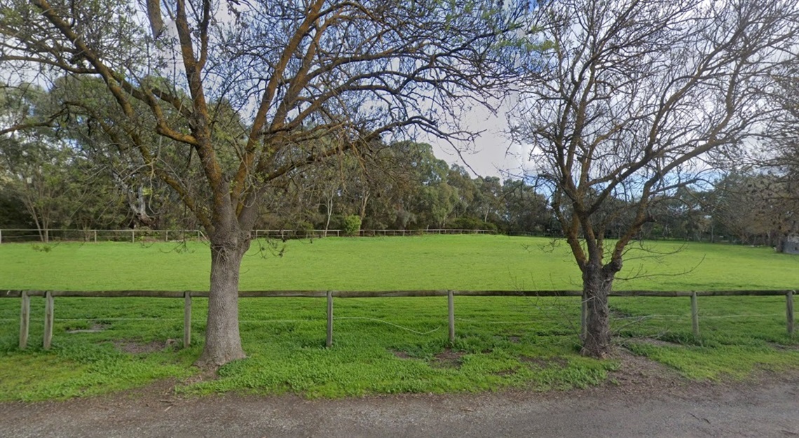 A view from the footpath of a lush green paddock fringed by trees and a small timber and wire fence.