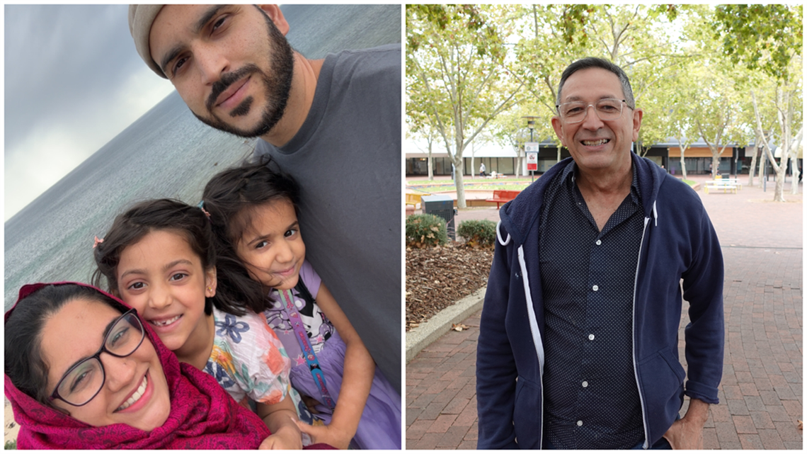 A collage image featuring a photo of a smiling family (a woman, man and 2 girls); alongside a photo a smiling man framed by trees.