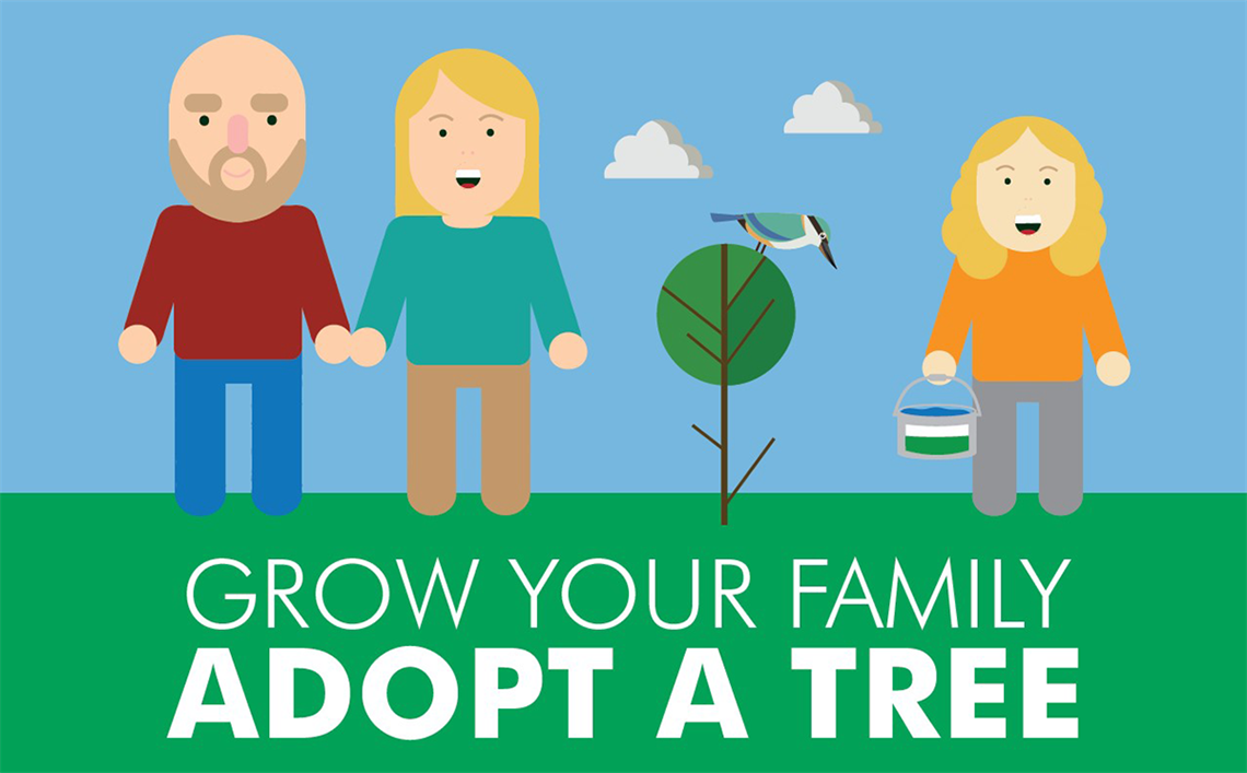 An illustration of a smiling man, woman and girl alongside a tree with the words 'Grow your family - adopt a tree' written underneath.