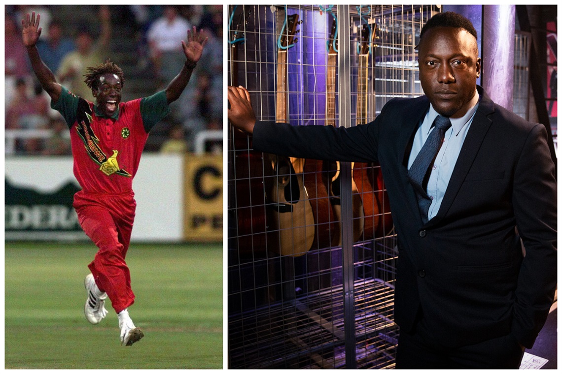 Two images of Henry Olonga - the left image showing Henry celebrating a wicket for Zimbabwe in his red One Day International outfit, and the right showing him in a black suit posing with a row of guitars while on The Voice.
