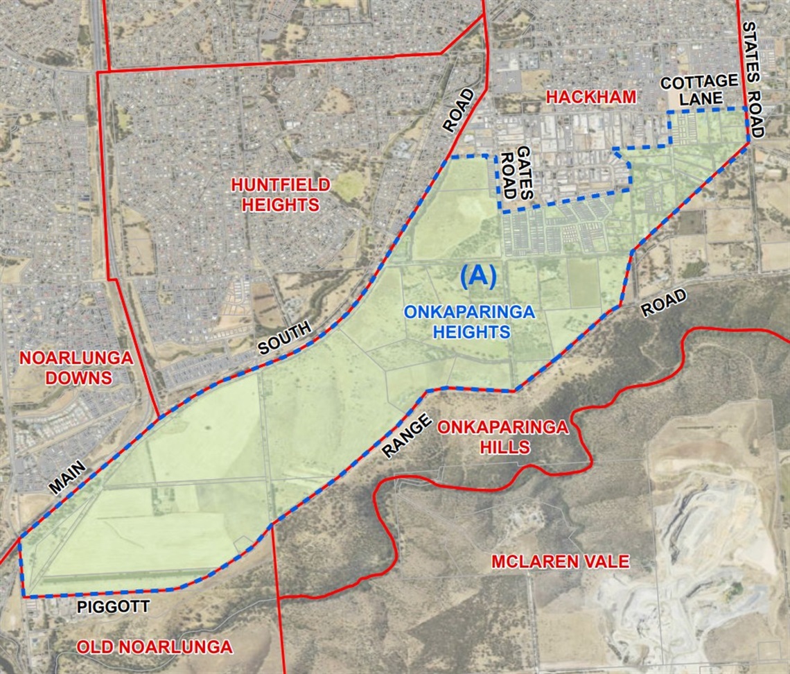 A map showing the new suburb of Onkaparinga Heights, nestled between Onkaparinga Hills, Old Noarlunga, Noarlunga Downs, Huntfield Heights and Hackham.