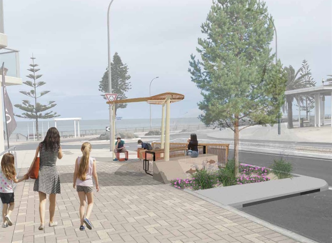 A mum and two young girls walk towards an artist impression of shelter, seating, a street tree and native plants along Beach Road, Christies Beach.